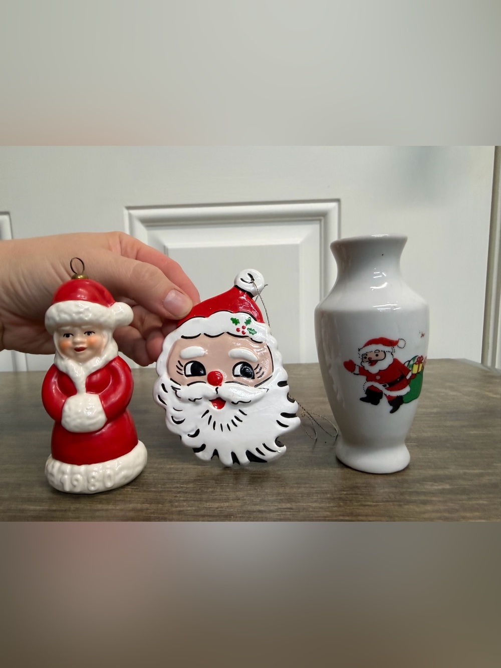 Vintage Santa Christmas Ornaments and vase